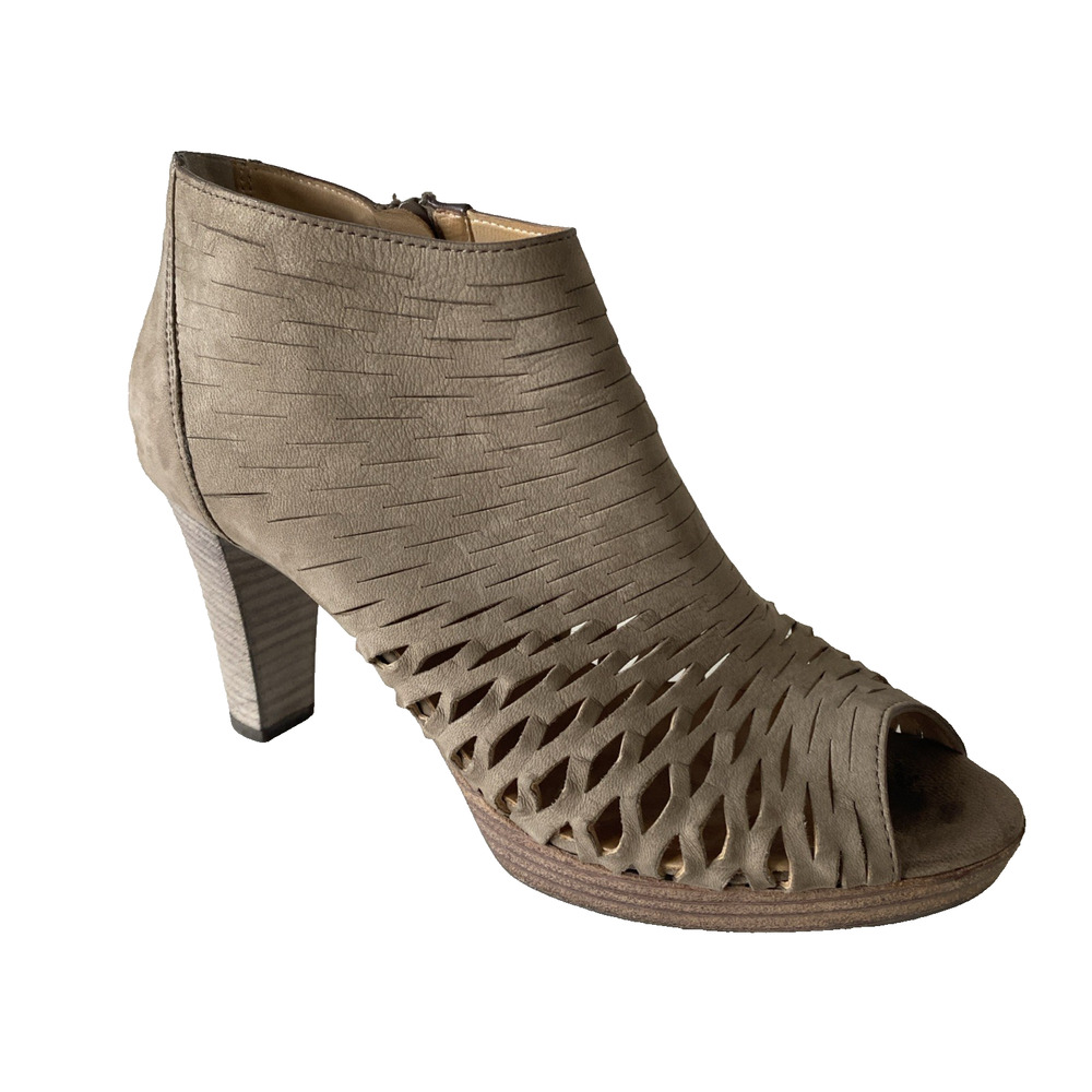 Paul Green Bootie Tacey Taupe Tan Perforated Suede Peep Toe Gray 6.5 UK 9 US